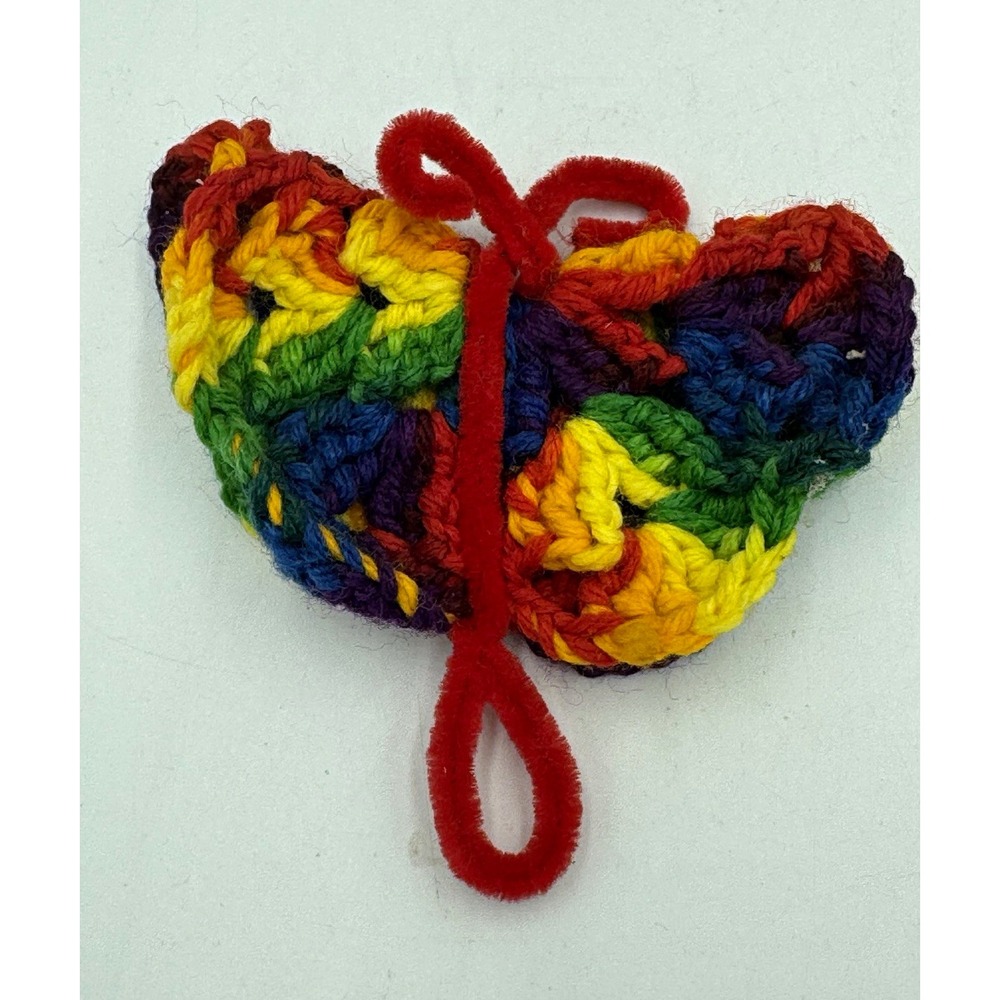 Vintage Handmade Rainbow Striped Yarn Butterfly Magnet